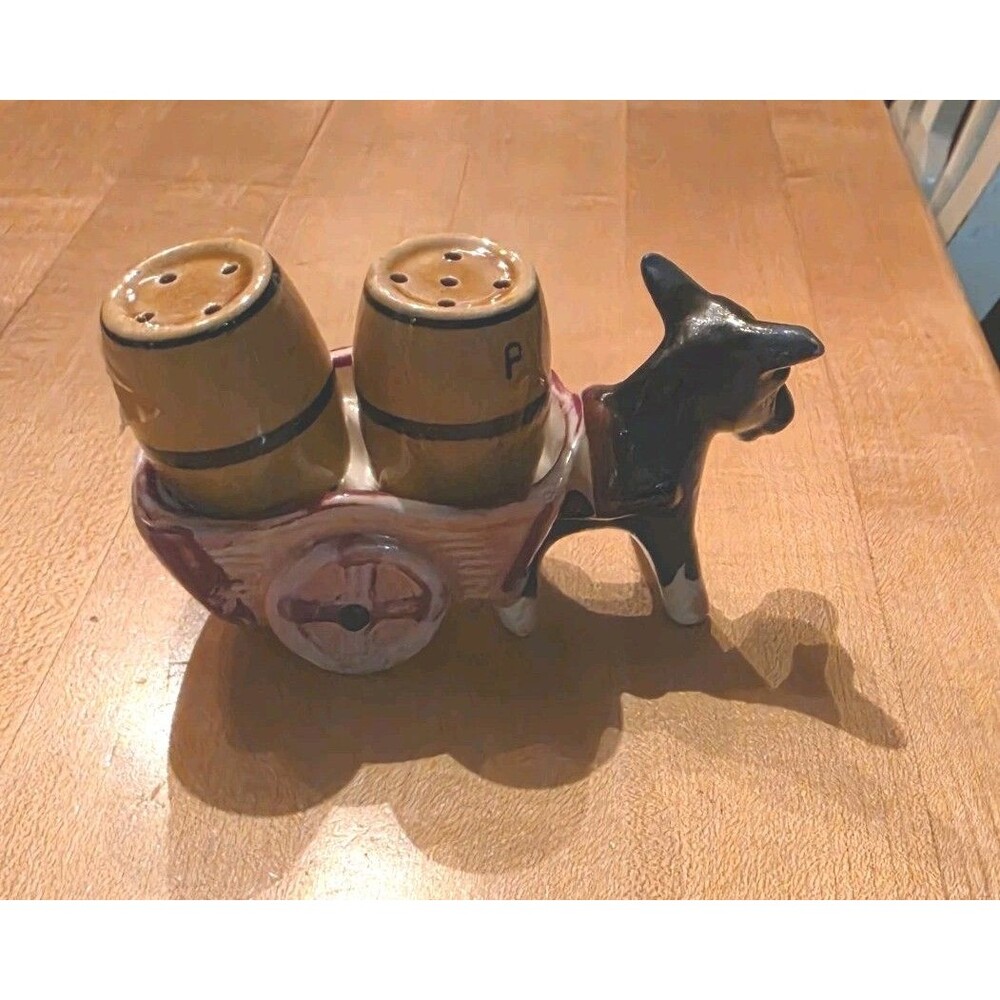 Vintage Ceramic Donkey Pulling Cart Salt & Pepper Shaker Set – 3-Piece Novelty